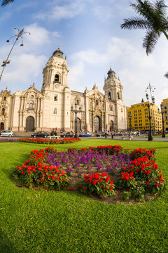 LIMA, PERU: Panoramic view of the Cathedral church in the Old town of the city.