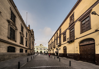 Fototapeta na wymiar LIMA, PERU: View of a street in the old town of Lima city.