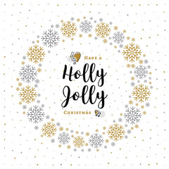 Obraz na płótnie Canvas Holly Jolly Christmas card in a minimalist style. Christmas wreath made of gold and silver snowflakes on a white background, lettering Merry Christmas. Vector illustration