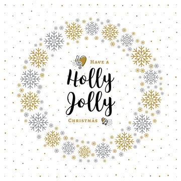 Holly Jolly Christmas card in a minimalist style. Christmas wreath made of gold and silver snowflakes on a white background, lettering Merry Christmas. Vector illustration