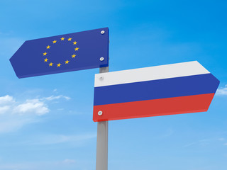 Disagreement: Russia And EU Road Sign Pointing In Opposite Directions, 3d illustration