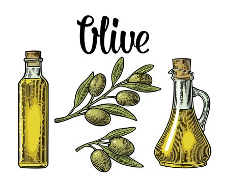 Bottle glass of Olive oil with cork stopper and branch with leaves