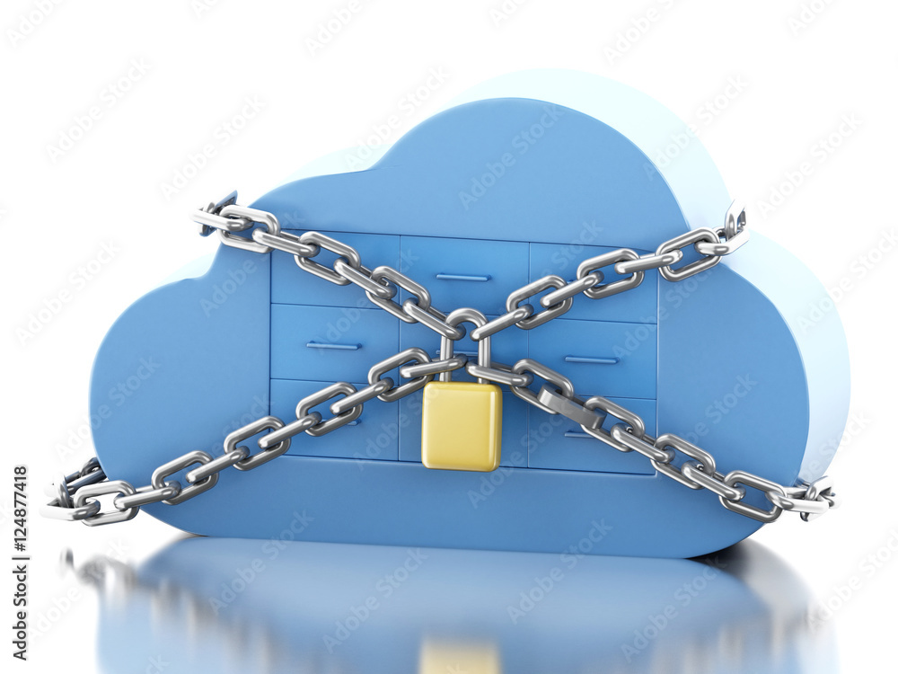 Poster 3d cloud with file storage and padlock.