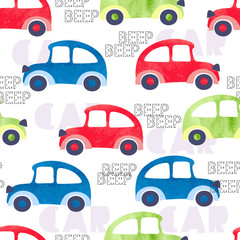 Seamless pattern with colorful watercolor cars. Vector background, suitable for kids textile, fabric, wallpaper, wrapping.