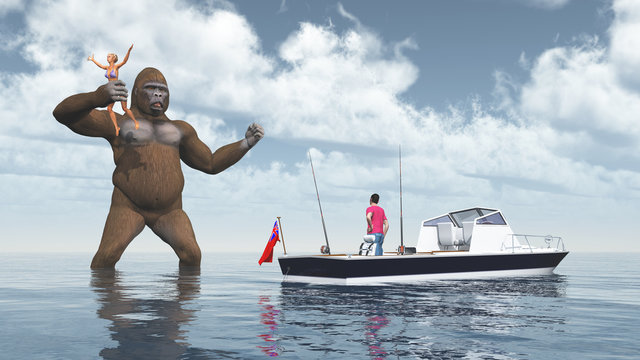 Giant gorilla and woman in his hand