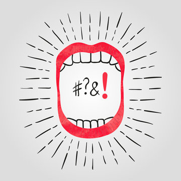 Vector illustration of open mouth with teeth. Watercolor loud noise symbol.