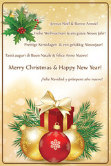 Christmas Wishes in many languages. Greeting card 2017 with text in many languages: Merry Christmas and Happy New Year in German, English, Dutch, Italian, French and Spanish. Print colors used. 