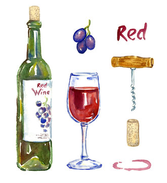 Red wine bottle, wineglass, grapes, corkscrew, cork and stain, isolated set,  hand painted watercolor illustration 