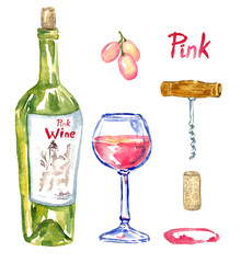 Rose (pink) wine bottle, wineglass, grapes, corkscrew, cork and stain, isolated set, hand painted watercolor illustration 