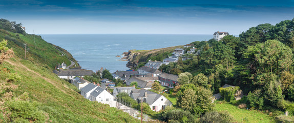 Panoramic view from a hiking path to Port Gaverne in northern Cornwall.