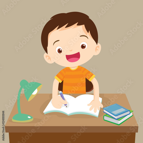 "Cute boy writing and thinking be happy. Vector illustration of a