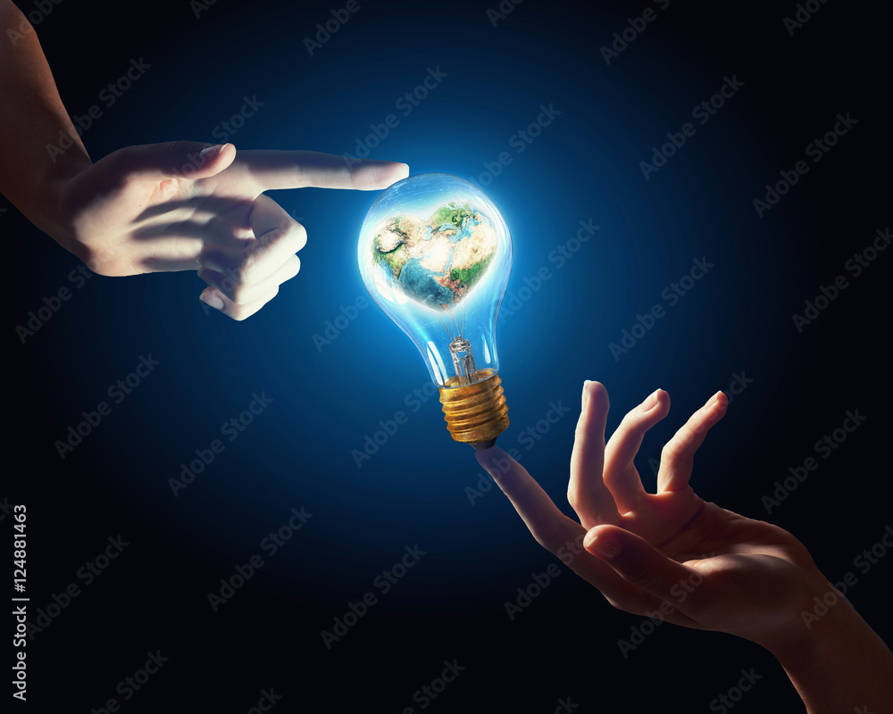 Canvas Prints hand pointing light bulb . mixed media