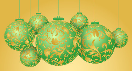 Christmas 3D green balls on gold background 