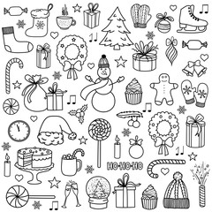 Christmas and New Year hand-drawn sketch doodle set. Vector illustration