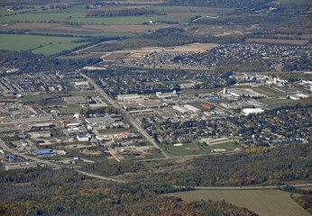 Autumn aerial view of neighborhouuds in the town of Orangeville, Ontario Canada
