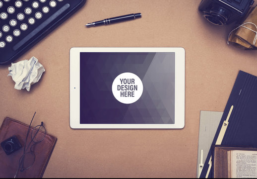 Tablet with Scattered Vintage Writing Tools Mockup