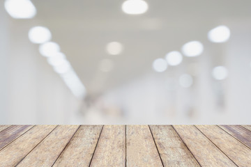 wood counter with abstract blur hospital medical background