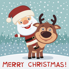 Merry Christmas! Funny Santa Claus riding on reindeer Rudolf. Christmas card in cartoon style. - 124884052