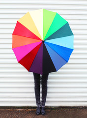 Autumn photo woman holding colorful umbrella over white backgrou