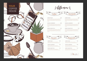 Vector template of coffee menu with funny pattern on background.