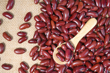 Kidney bean on the wooden spoon on the pile of kidney beans (red beans) as background. Japanese calls Adzuki or Azuki