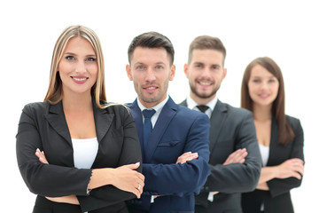 Team of successful and confident people posing on a white backgr