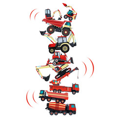 Tower assembled from building machines - truck, digger, crane, bagger, mix. Construction machinery red set. Collected ground works. Machine vehicles, excavator. Build equipment. Vector illustration.