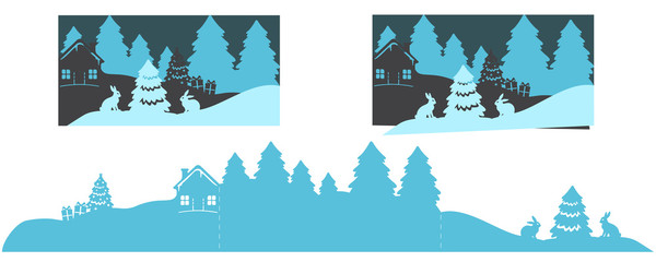 Three-layer Christmas cards with bunny and fir trees. Template for laser cutting.