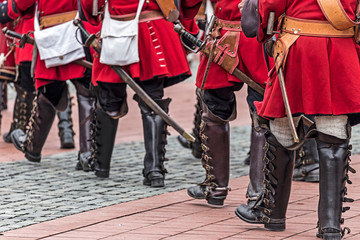 Background with medieval soldiers on march