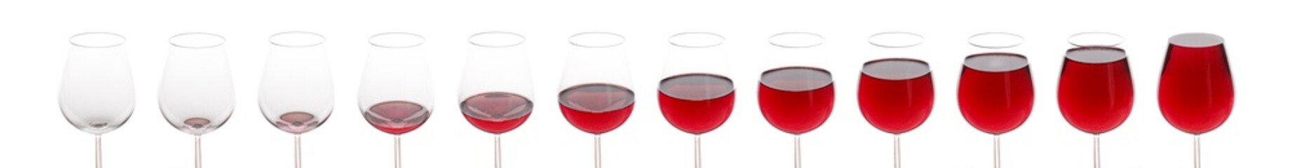 Ein leeres Glas wird gefüllt mit Rotwein - lange Collage