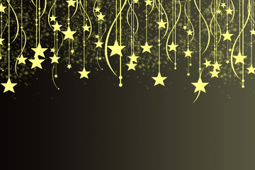 Christmas background with luminous garland with stars snowflakes and place for text. Sparkly holiday background with hanging stars and copy space. Black and gold background