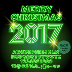 Fototapeta premium Vector light up Merry Christmas 2017 greeting card with set of letters, symbols and numbers. File contains graphic styles