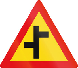 Temporary road sign used in the African country of Botswana - Staggered side road junctions