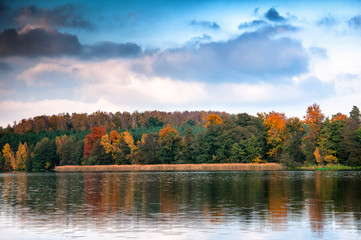 Naklejka na ściany i meble Beautiful forest and lake in autumn