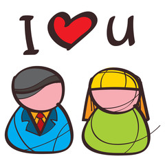 Stylized icon of a man and a woman with a black outline on a white background.