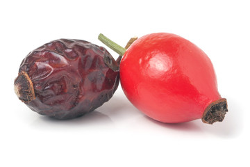 dried and fresh rose hip berry isolated on white background