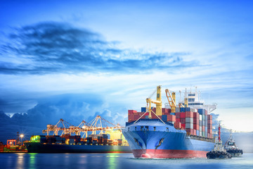 Logistics and transportation of international container cargo ship with ports crane bridge in...
