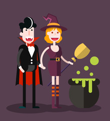 Couple Dress Up in Halloween. Isolated Flat Vector Illustration on Orange Background.