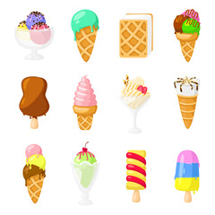 Collection of 12 vector ice cream illustrations isolated on white background. Funny cartoon style. Ice cream collection, vector illustration. Eps10