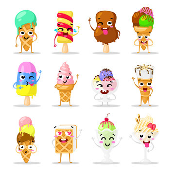 Collection sweets emotion lovely ice cream, doodle icons. Beautiful sweet ice cream. Set of funny ice creams. Flat design. Vector clip art
