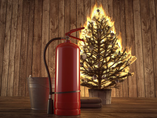 burning christmas tree with extinguisher and bucket beside. 3d rendering