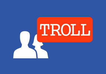 Troll - silhouette of people with text. Color and shapes are stylized to popular social networking site - metaphor of negative disruption and argument on internet discussions