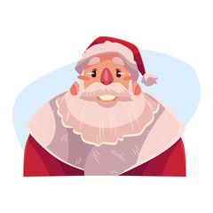 Santa Claus face, smiling facial expression, cartoon vector illustrations isolated on blue background. Santa Claus emoji with wide smile, white teeth. Happy, glad, smiling face expression