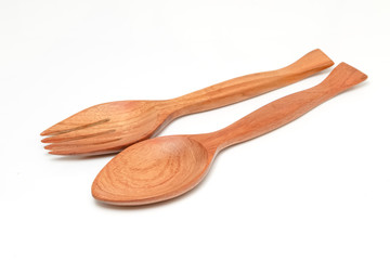 Wooden kitchen utensils. wooden fork and spoon  on white background