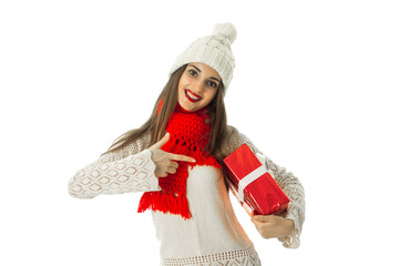 woman in warm sweater and red scarf