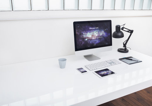 Desktop Computer at an Office Desk Mockup 4