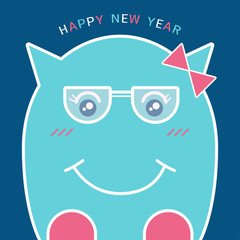 Happy New Year Greeting With Smiling Cartoon Mascot Character on Blue Background. Vector Illustration