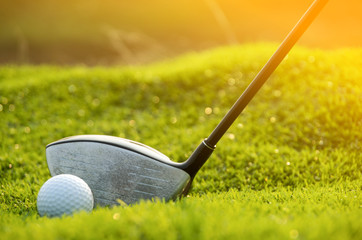 Golf club and ball in grass