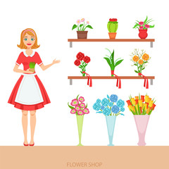 Female Florist In The Flower Shop Demonstrating The Assortment