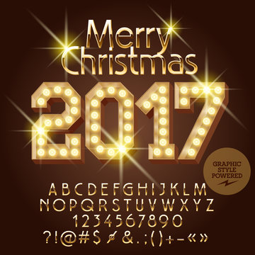 Vector chic light bulb Merry Christmas 2017 greeting card with set of letters, symbols and numbers. File contains graphic styles